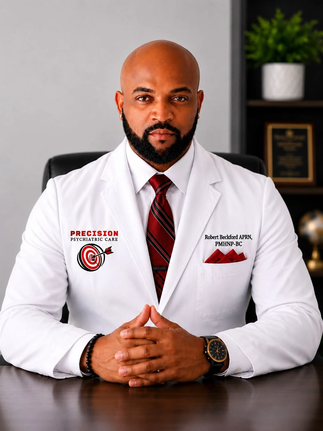 Robert Beckford seated at his desk in a white Precision Psychiatric Care coat