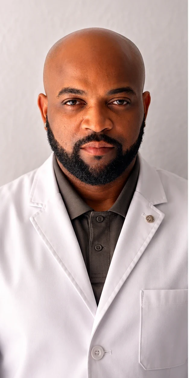 Robert Beckford in a white Precision Psychiatric Care clinical coat